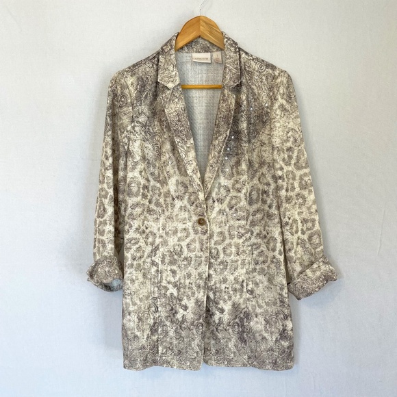 CHICO'S Size 1 US Medium Long Line One Button Blazer Cream & Silver Animal Print - Picture 1 of 7